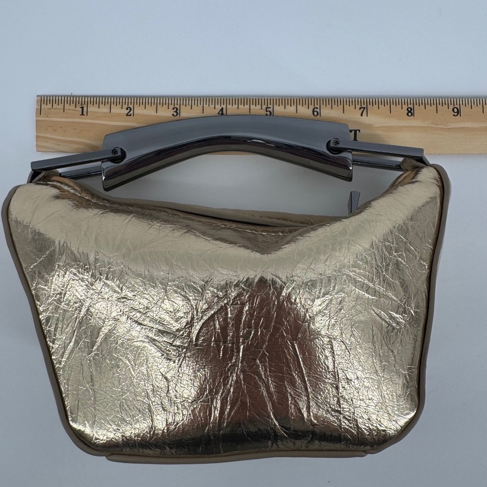 Zara Mini Bucket Handbag Womens Small Gold Metallic Crinkled Hobo Metal Handle - Picture 3 of 8